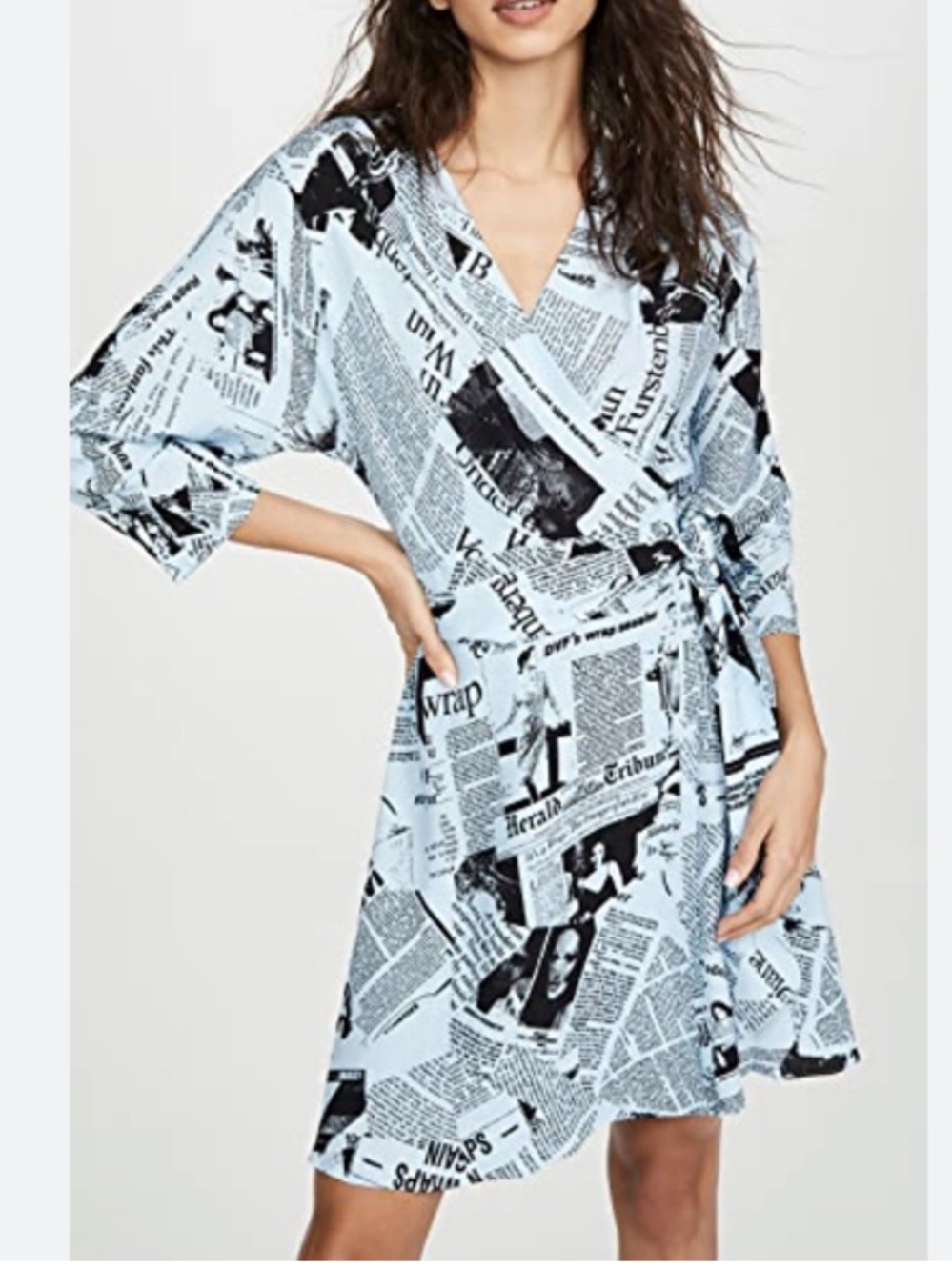 Diane Von Furstenberg Light Blue and Black Newspaper Print Wrap Dress
